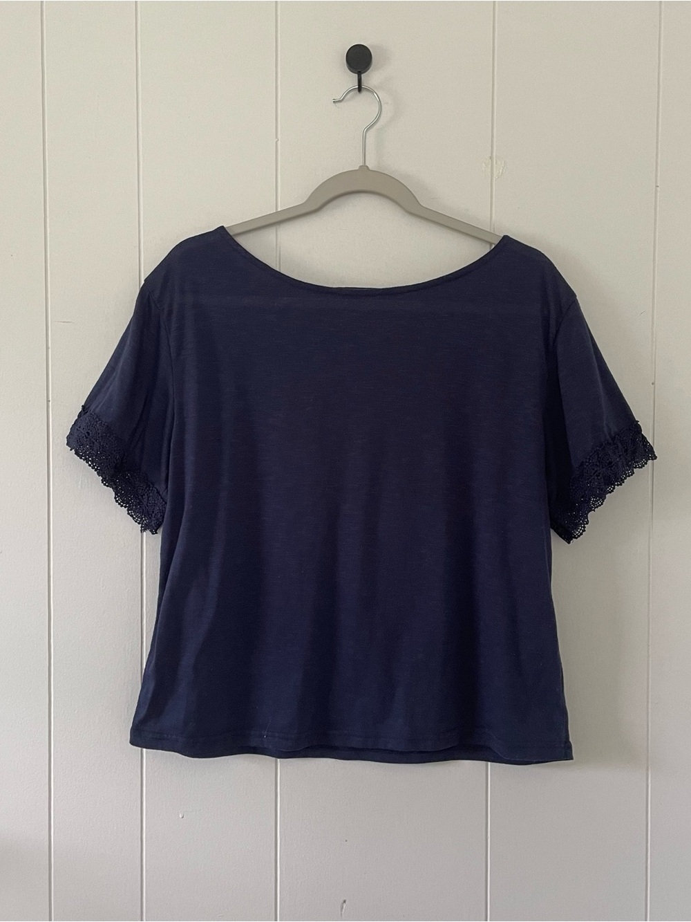 SHEIN Navy Short Sleeve Tee with Lace Sleeves